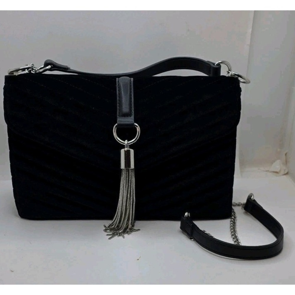 Black Velvet Chevron Quilted Crossbody Bag with Silver Chain Tassel Detail